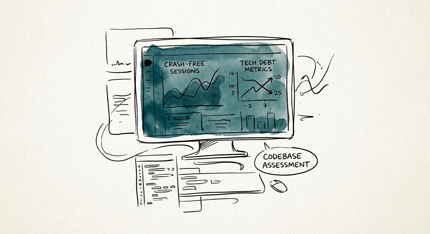 Mobile app code audit dashboard showing crash-free session rates and technical debt metrics