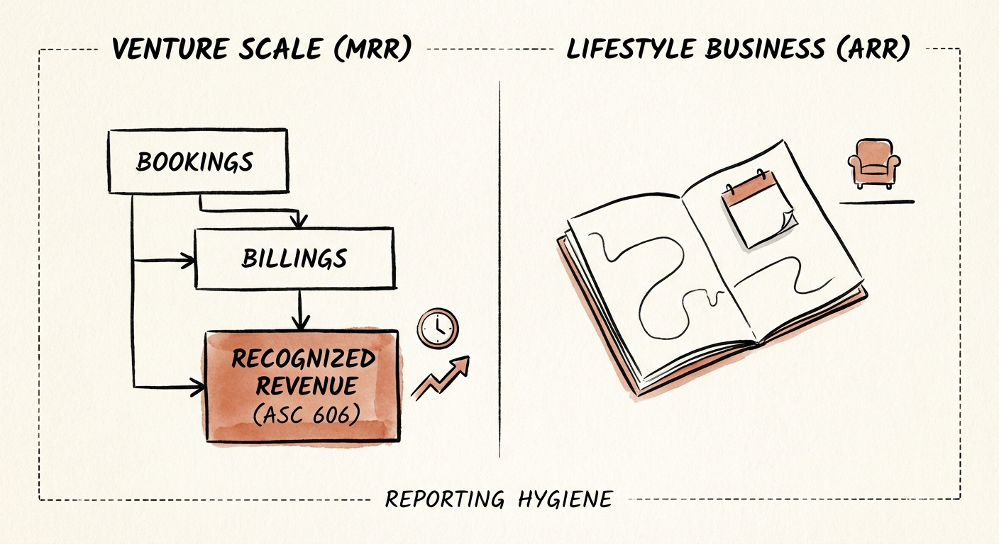 Comparison chart showing the difference between Bookings, Billings, and Recognized Revenue under ASC 606.