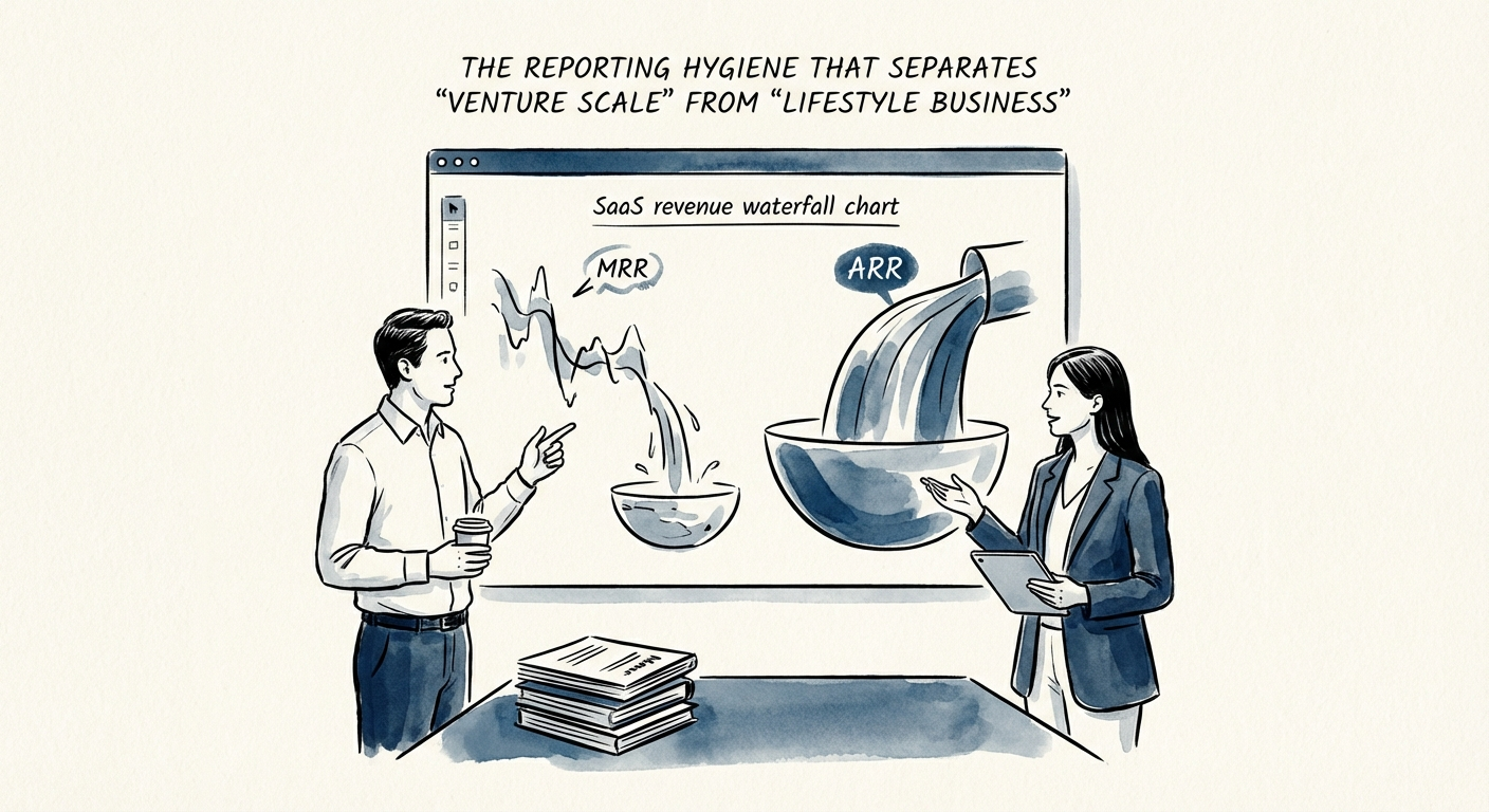 A CFO and CEO analyzing a SaaS revenue waterfall chart on a digital dashboard.