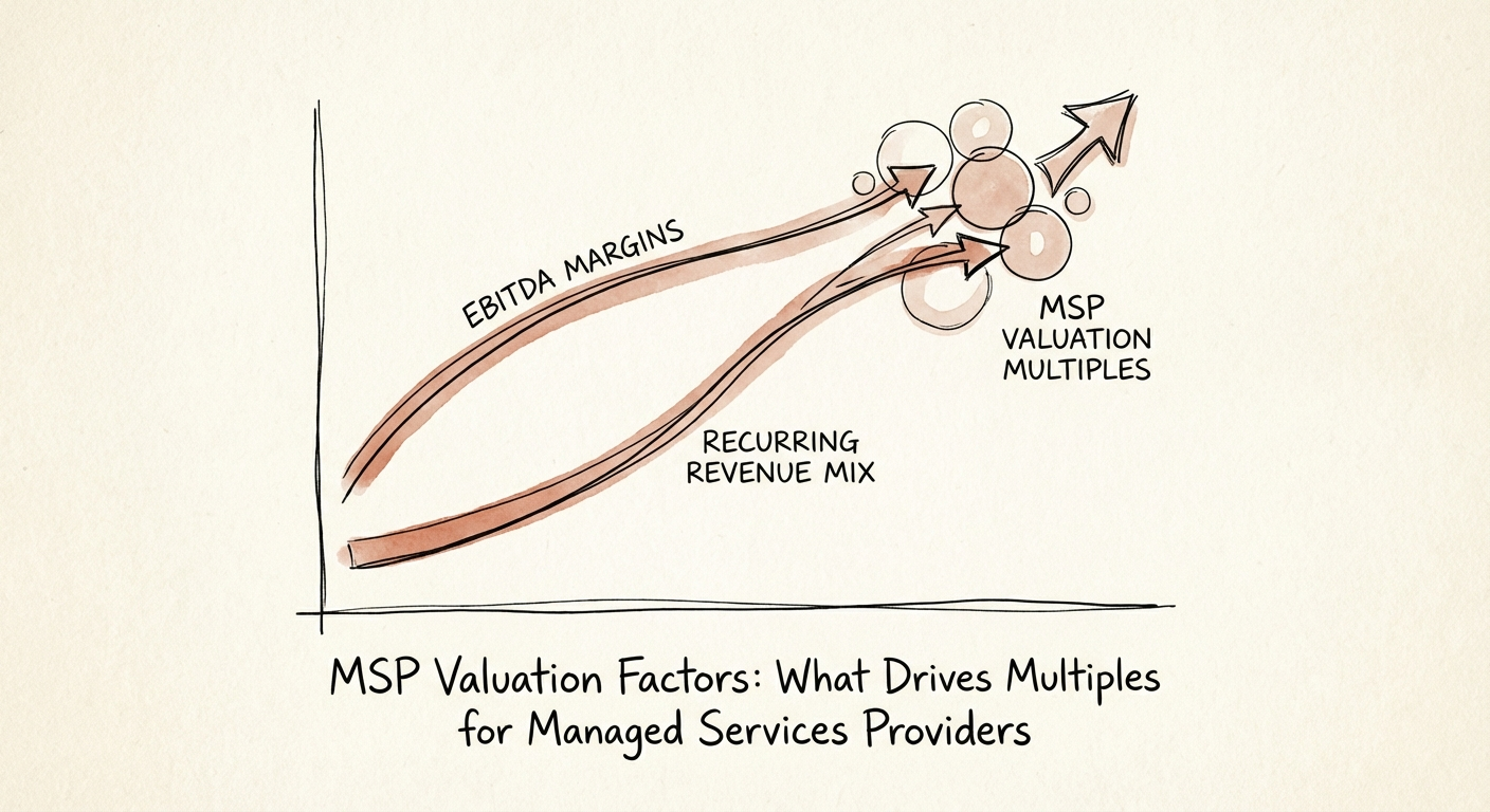 Graph showing the divergence of MSP valuation multiples based on EBITDA margins and recurring revenue mix.