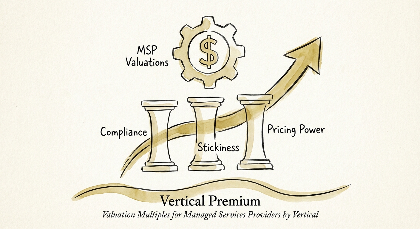 Diagram showing the 'Vertical Premium' value chain: Compliance, Stickiness, and Pricing Power driving higher MSP valuations.