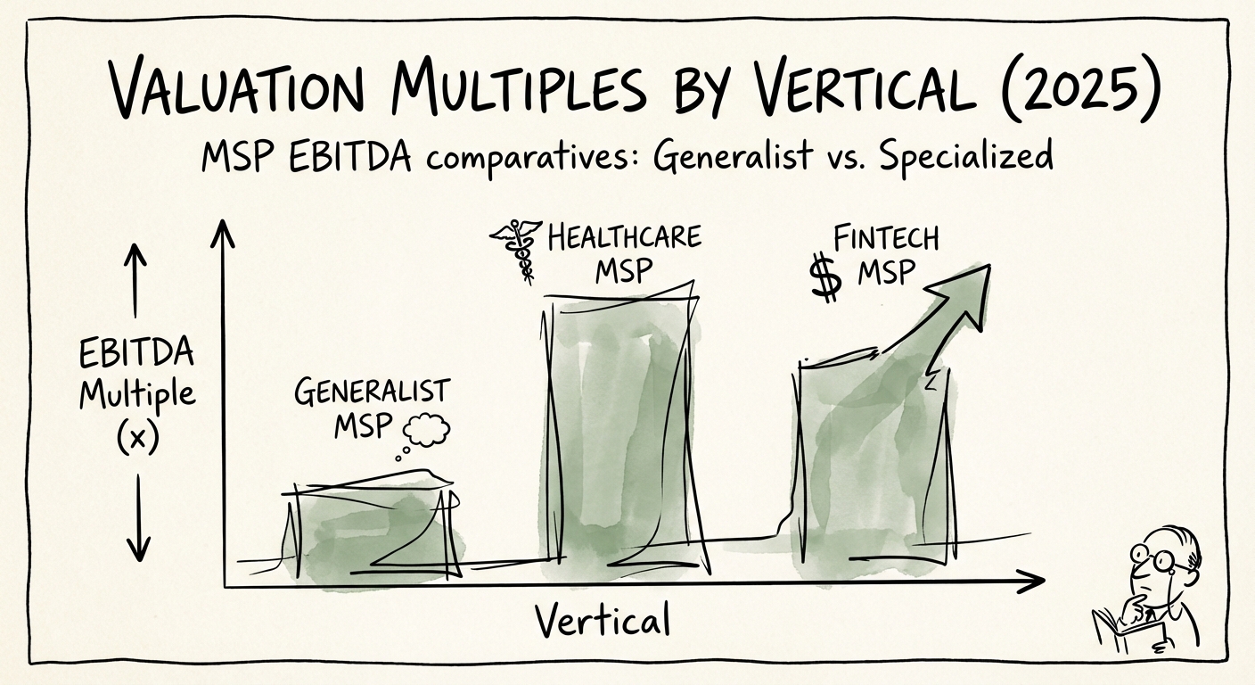Graph comparing EBITDA valuation multiples for Generalist MSPs versus Healthcare and FinTech specialized MSPs in 2025.
