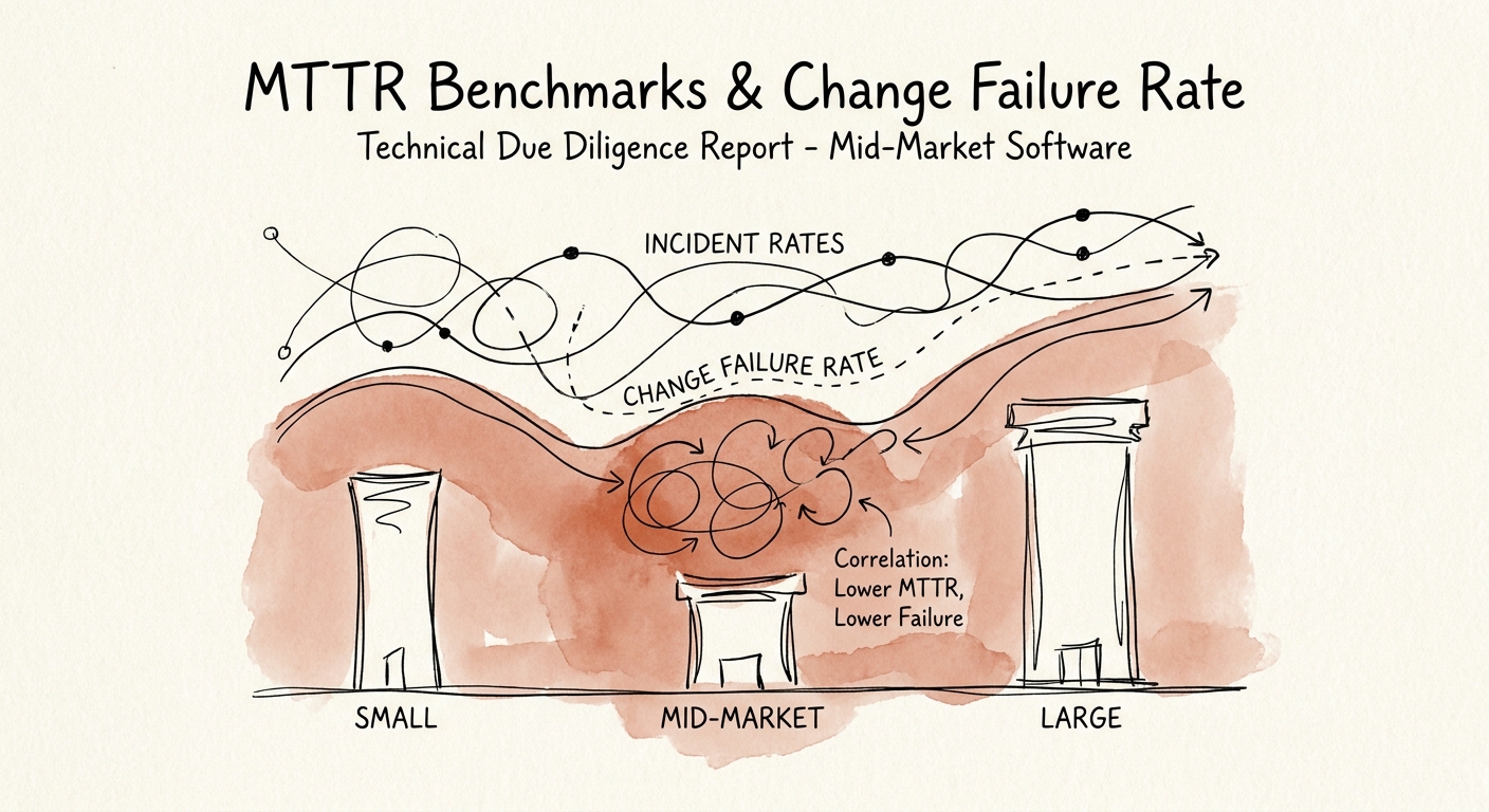 Technical due diligence report showing the correlation between MTTR and Change Failure Rate in mid-market software companies
