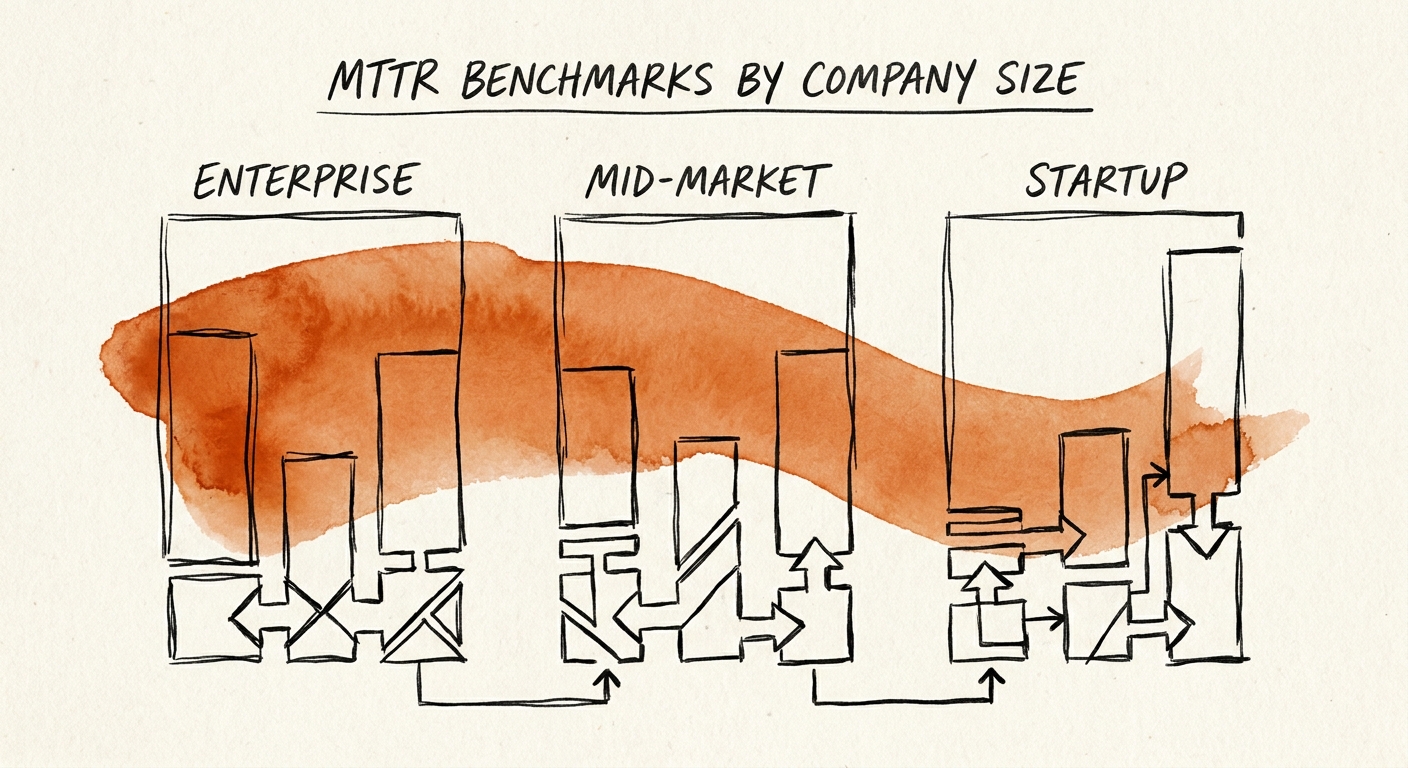 A dashboard showing MTTR metrics compared across enterprise, mid-market, and startup environments