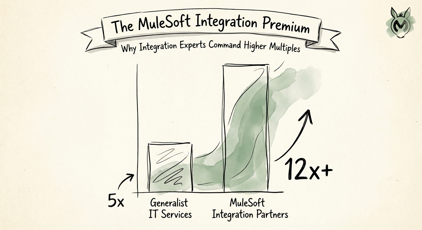Chart showing valuation multiple disparity between generalist IT services firms and specialized MuleSoft integration partners.
