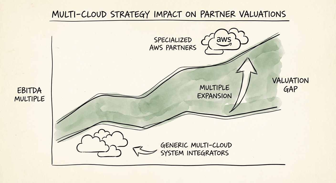 Chart showing EBITDA multiple gap between specialized AWS partners and generic multi-cloud system integrators