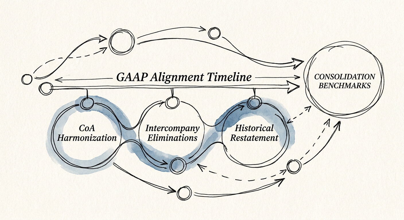 A diagram illustrating Chart of Accounts harmonization, intercompany eliminations, and historical restatement.