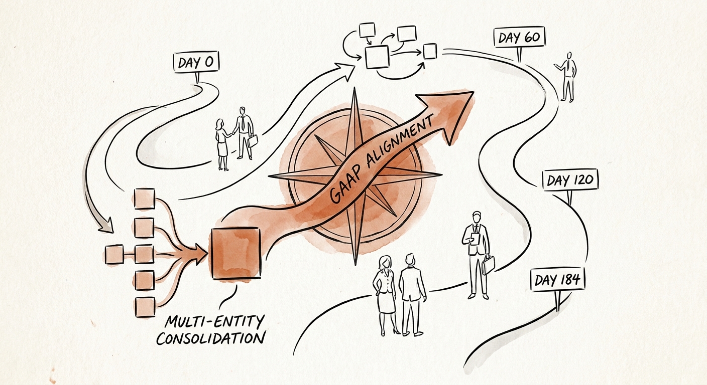 A strategic roadmap showing the 184-day timeline for multi-entity consolidation and GAAP alignment.