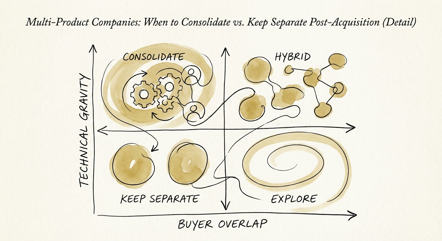 A strategic matrix diagram comparing 'Buyer Overlap' vs 'Technical
Gravity' to determine M&A integration strategy.
