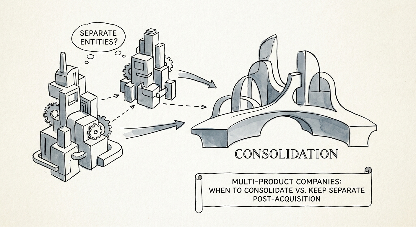 Abstract digital illustration showing two distinct technology stacks merging into a unified platform architecture, representing post-acquisition consolidation.