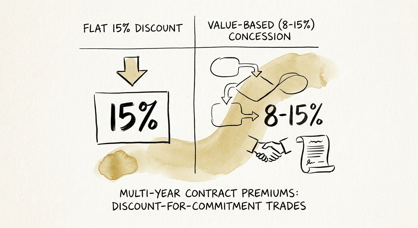 A comparison table showing the difference between flat 15 percent discounts and structural value-based contract concessions.