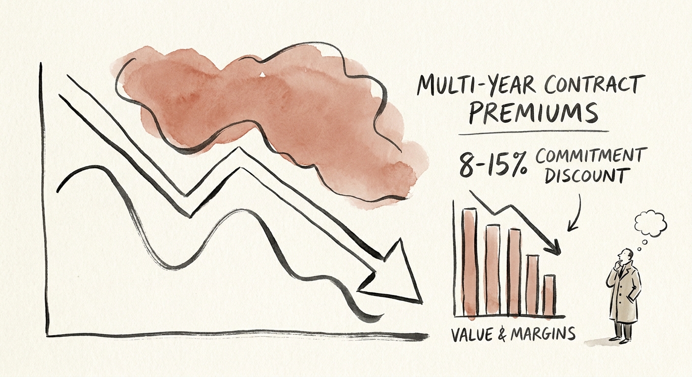 A downward trending chart indicating the negative impact of 15 percent multi-year contract discounts on SaaS enterprise value and gross margins.