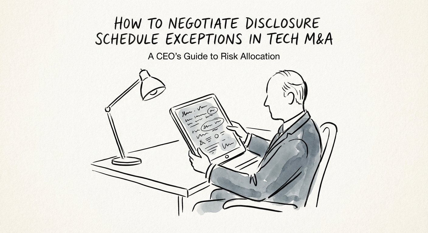 A CEO reviewing a digital disclosure schedule on a tablet, highlighting the importance of specific risk allocation in tech M&A negotiation.