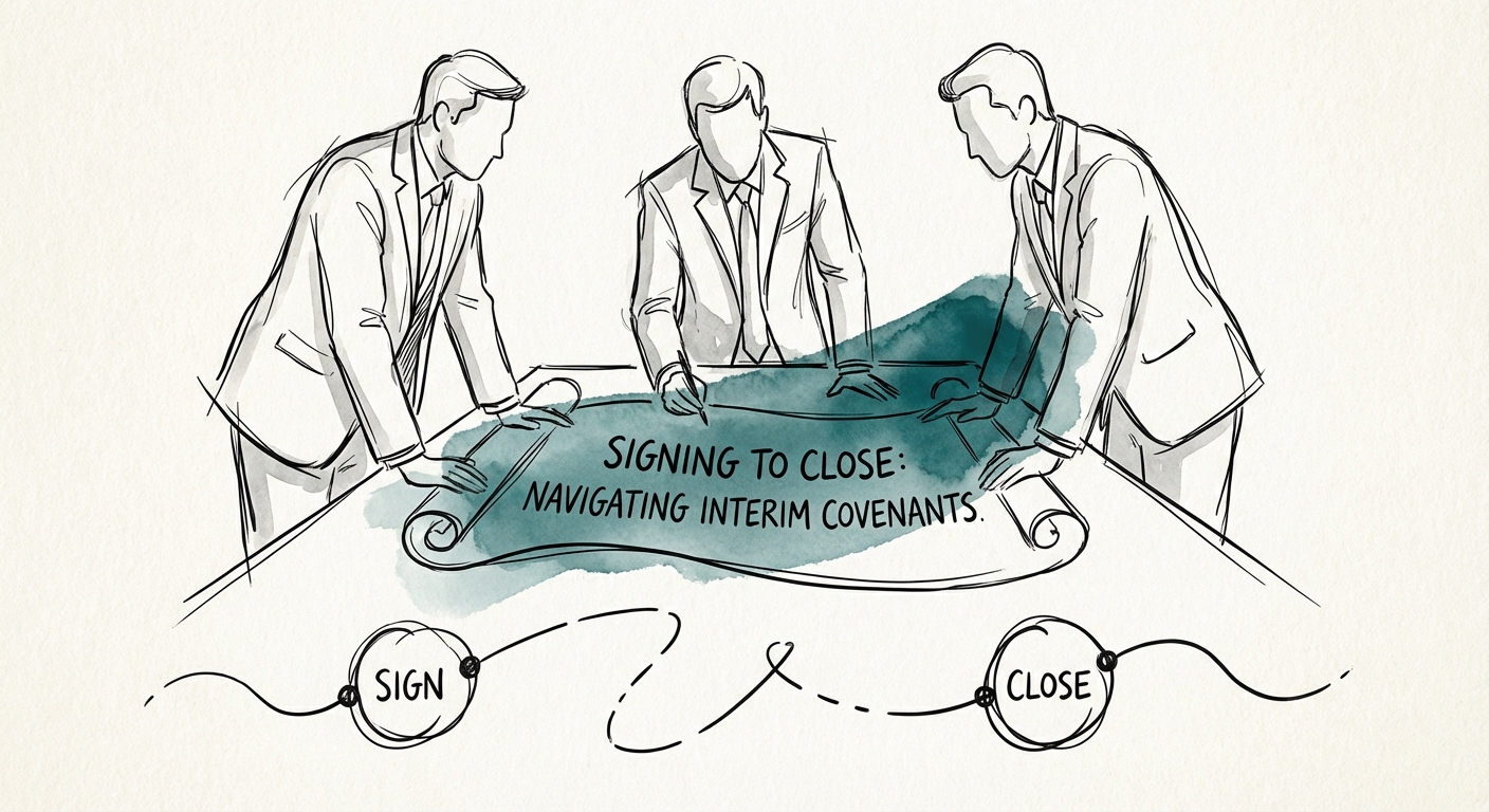 Executive team reviewing interim operating covenants during M&A negotiation
