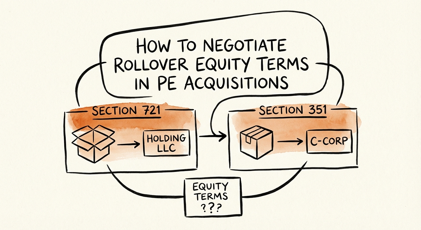Diagram illustrating Section 721 vs Section 351 rollover equity tax structures in M&A transactions.