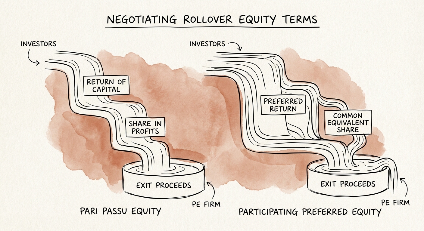 Chart comparing payout waterfalls for Pari Passu vs. Participating Preferred equity in a Private Equity exit scenario.