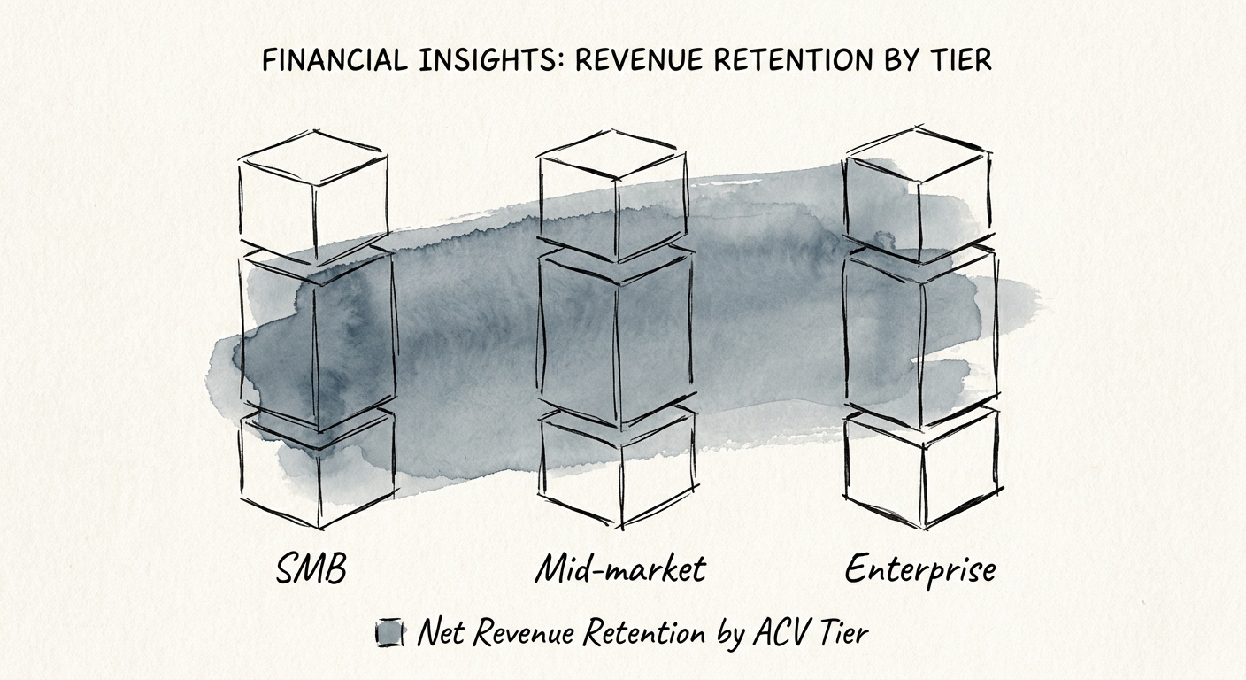 Financial dashboard showing bifurcated gross and net revenue retention metrics isolated by contract size.