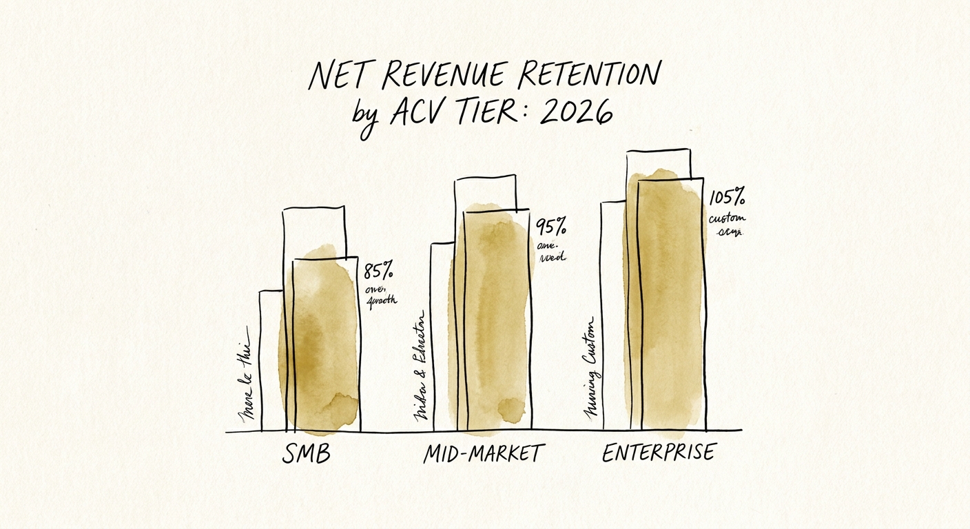 Bar chart comparing Net Revenue Retention benchmarks across SMB, Mid-Market, and Enterprise ACV tiers for 2026.