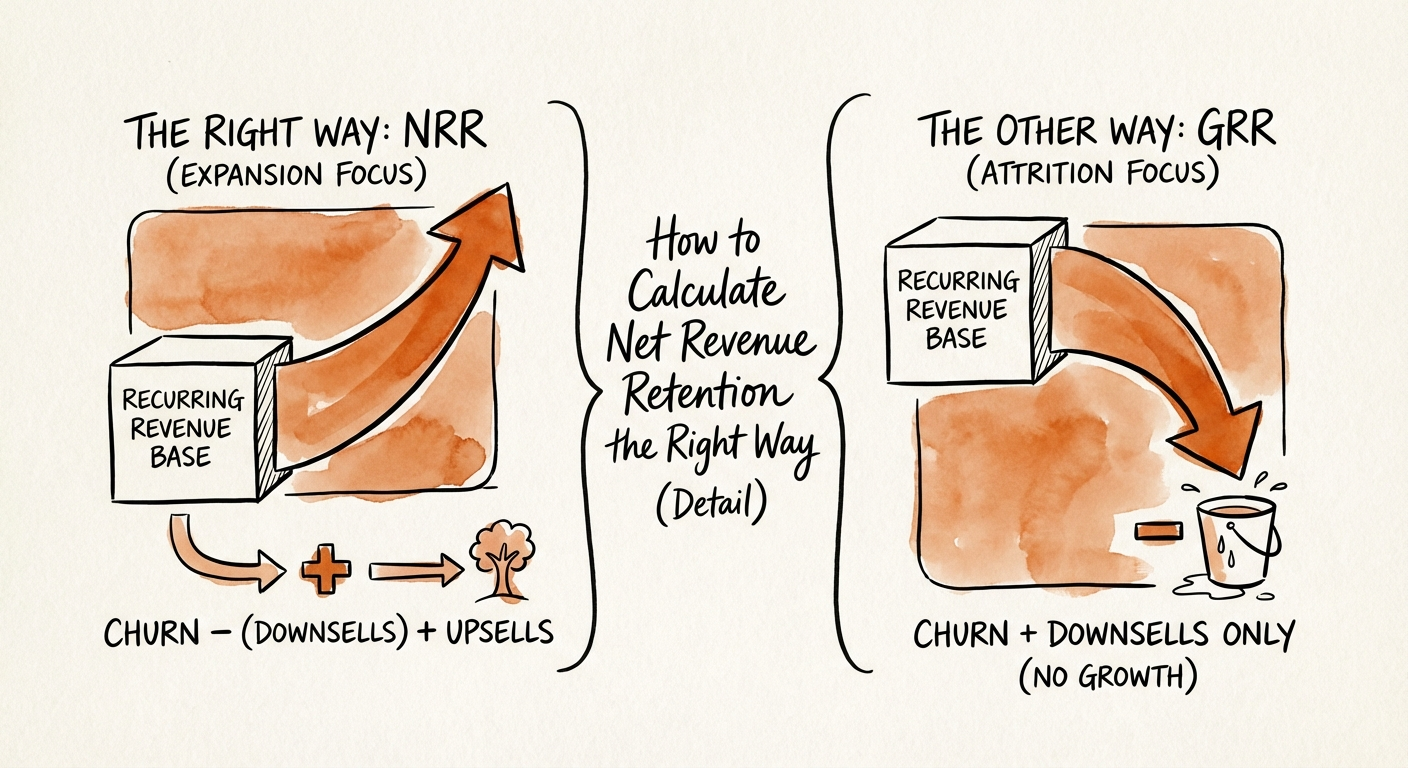 Comparison chart of Net Revenue Retention vs Gross Revenue Retention formulas