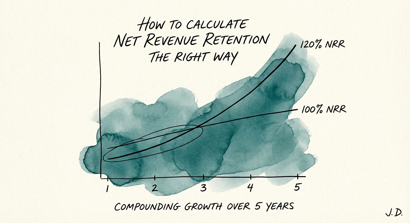 Graph showing the compounding revenue growth difference between 100% NRR and 120% NRR over 5 years