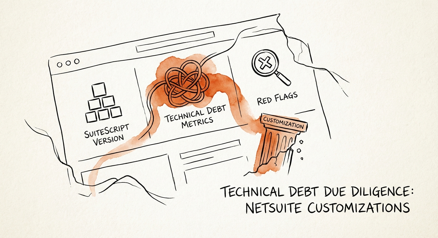 NetSuite technical due diligence dashboard showing SuiteScript version analysis and technical debt metrics