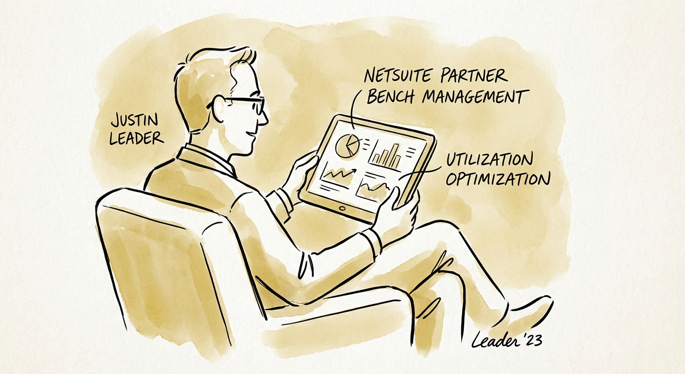 Justin Leader analyzing NetSuite partner utilization metrics on a digital dashboard.