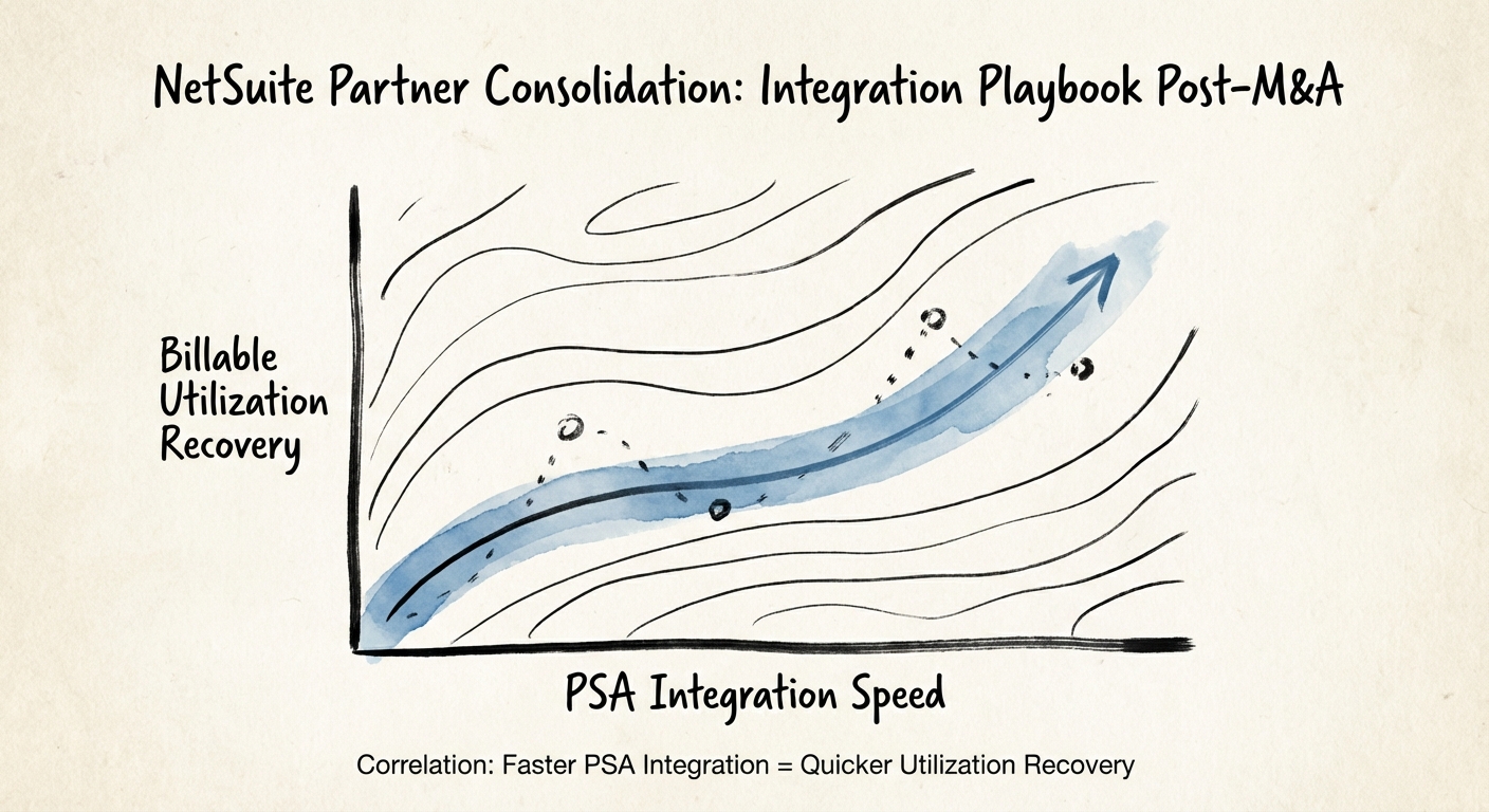 Chart showing the correlation between PSA integration speed and billable utilization recovery post-merger.