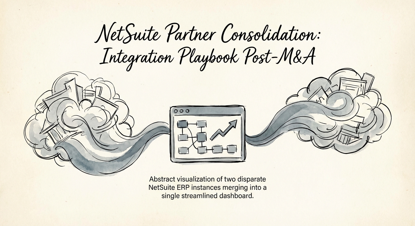 Abstract visualization of two disparate NetSuite ERP instances merging into a single streamlined dashboard.
