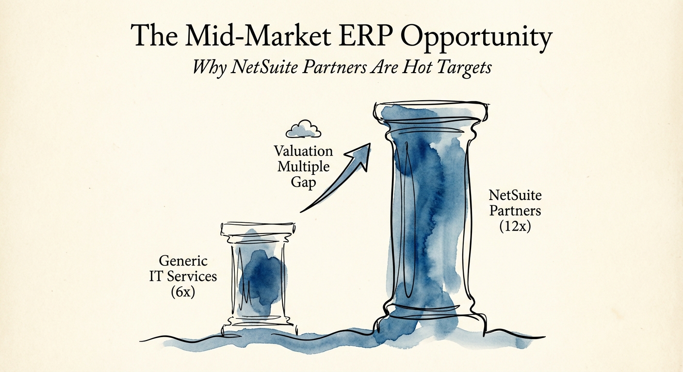 Graph showing valuation multiple gap between generic IT services firms (6x) and high-IP NetSuite partners (12x)