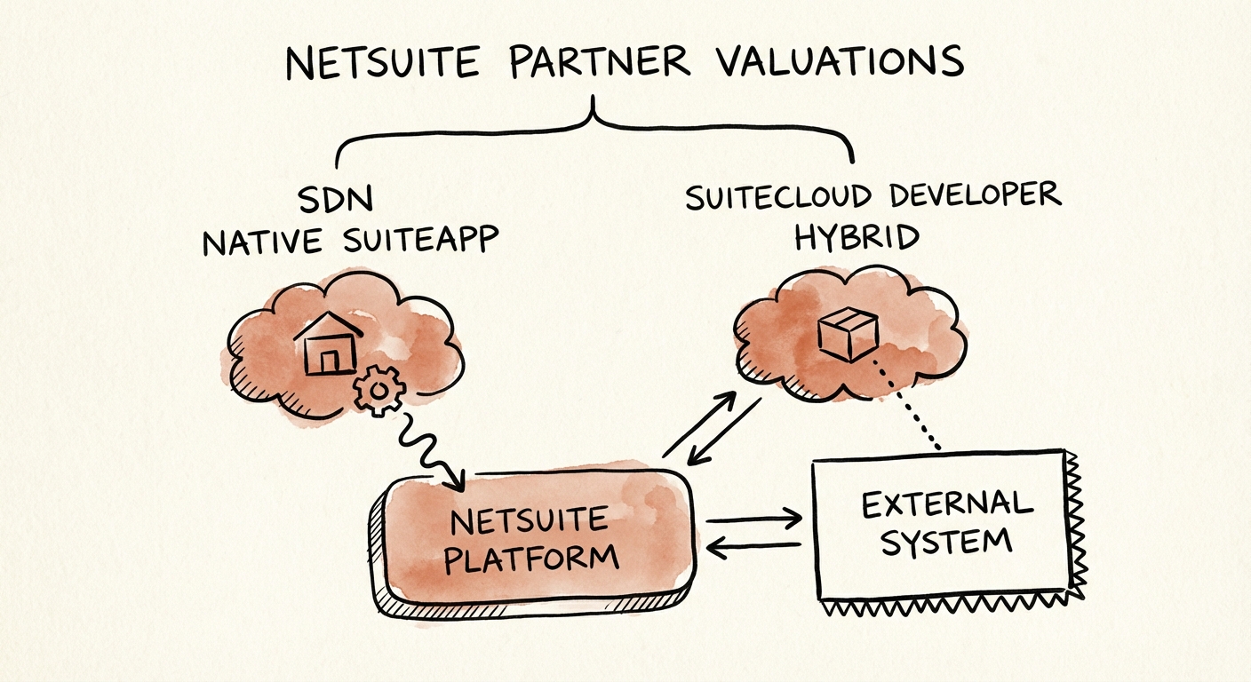 Diagram comparing 'Native SuiteApp' architecture vs. 'Hybrid Integration' architecture for technical due diligence.