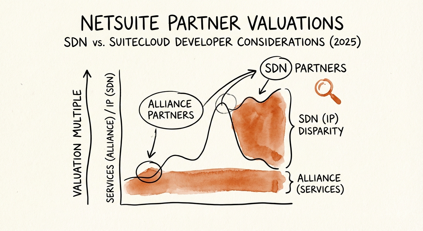 Chart showing valuation multiple disparity between NetSuite Alliance Partners (Services) and SDN Partners (IP) in 2025.