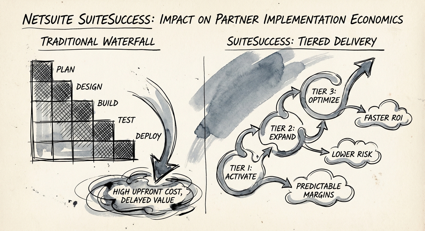 Diagram comparing traditional waterfall ERP implementation staffing vs SuiteSuccess tiered delivery model