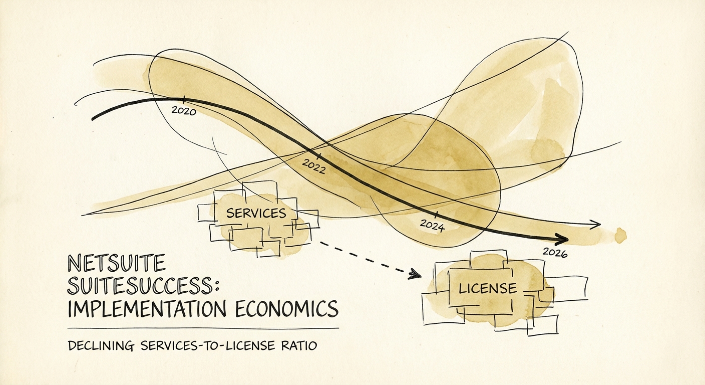 Graph showing the decline of services-to-license ratios in NetSuite implementations from 2020 to 2026