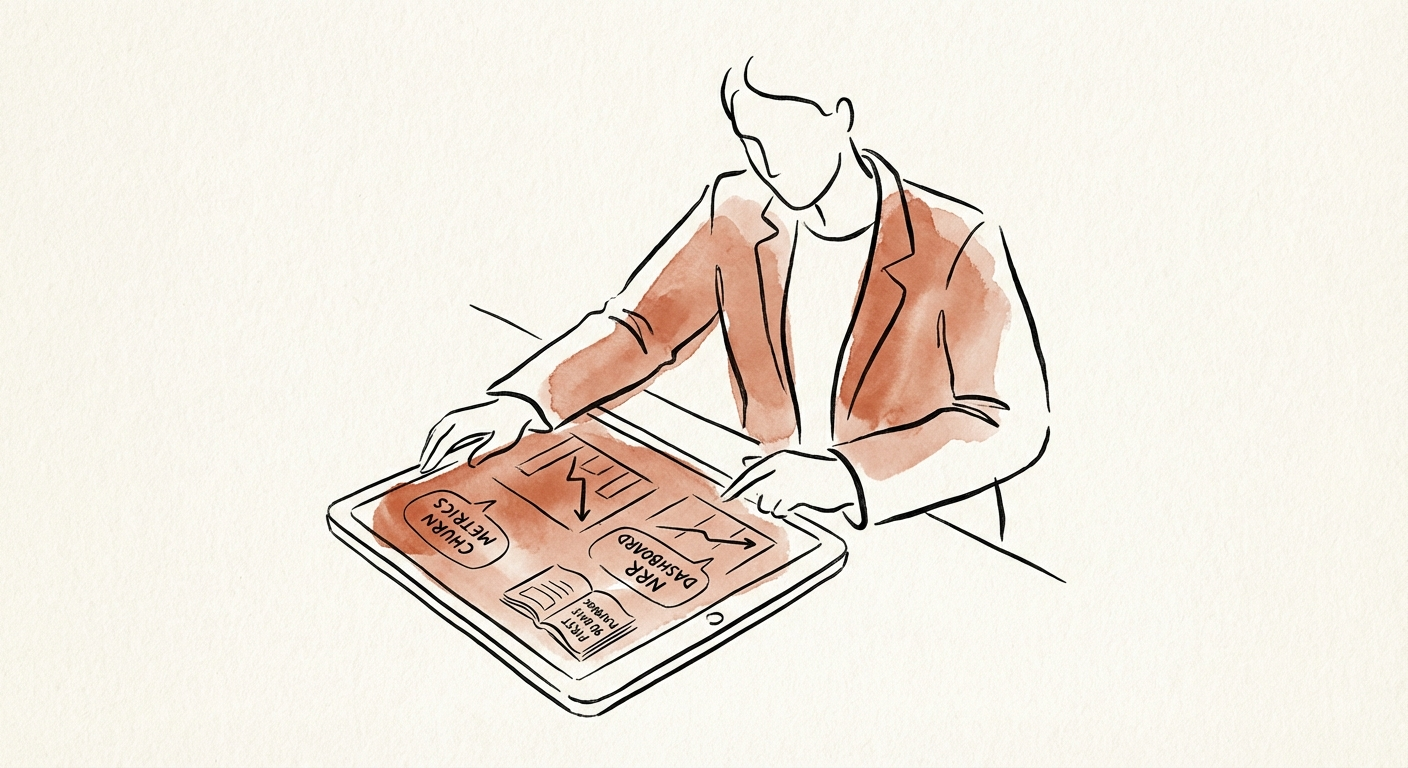 Justin Leader reviewing a Net Revenue Retention (NRR) bridge chart on a digital whiteboard.