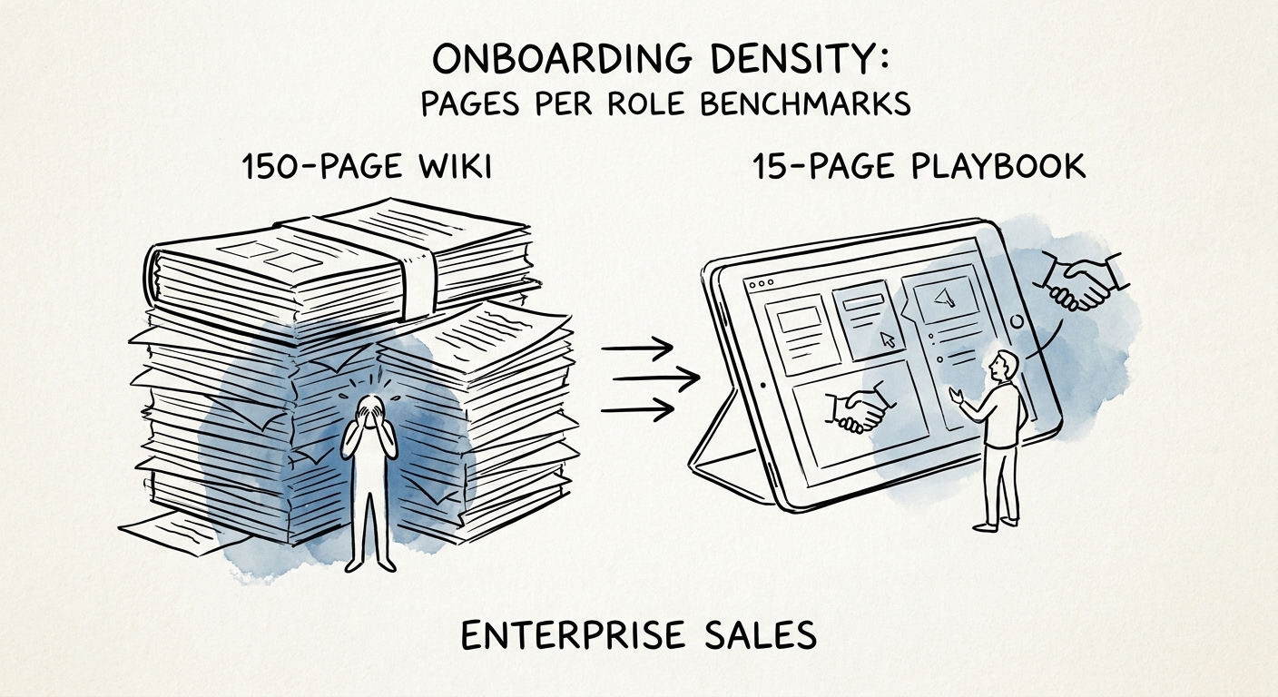 A side-by-side comparison of a 150-page wiki versus an optimized 15-page interactive onboarding playbook for enterprise sales.