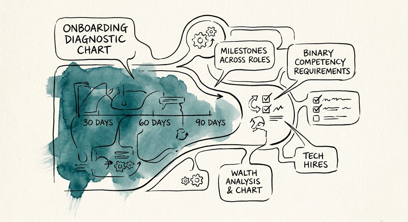 30-60-90 day milestone diagnostic chart detailing binary competency requirements for new tech hires