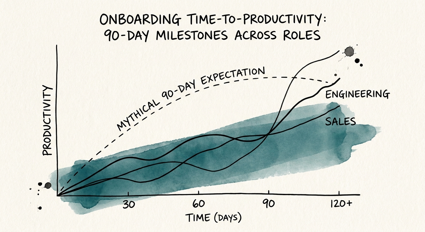 Graph showing true time-to-productivity ramp timelines across engineering and sales roles versus the mythical 90-day expectation