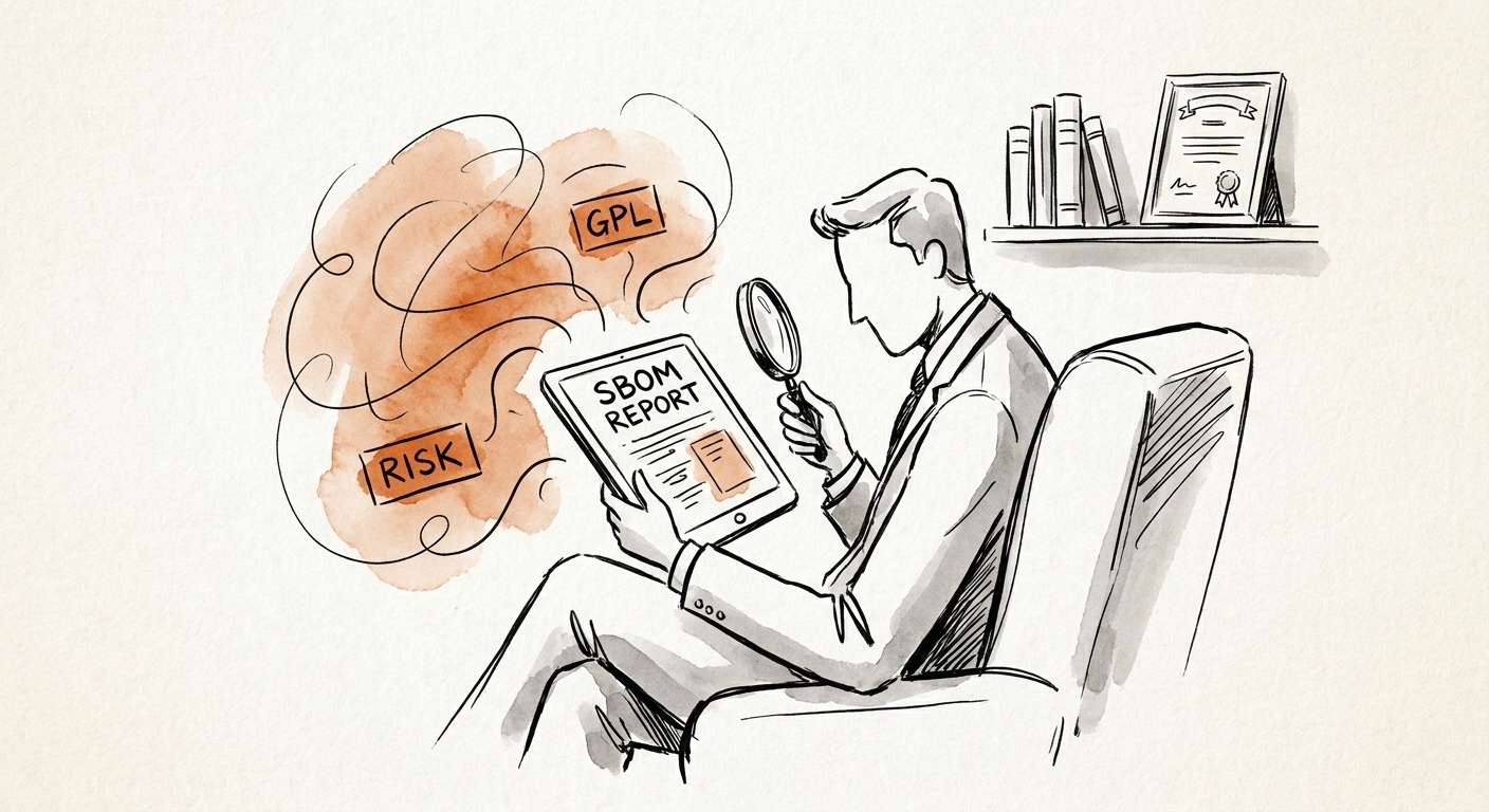 Private equity operating partner reviewing an automated Software Bill of Materials (SBOM) showing copyleft license violations.