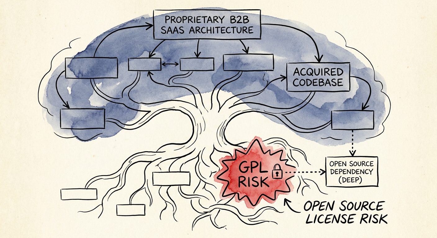 A conceptual software dependency tree highlighting a red GPL risk deep within a proprietary B2B SaaS architecture.