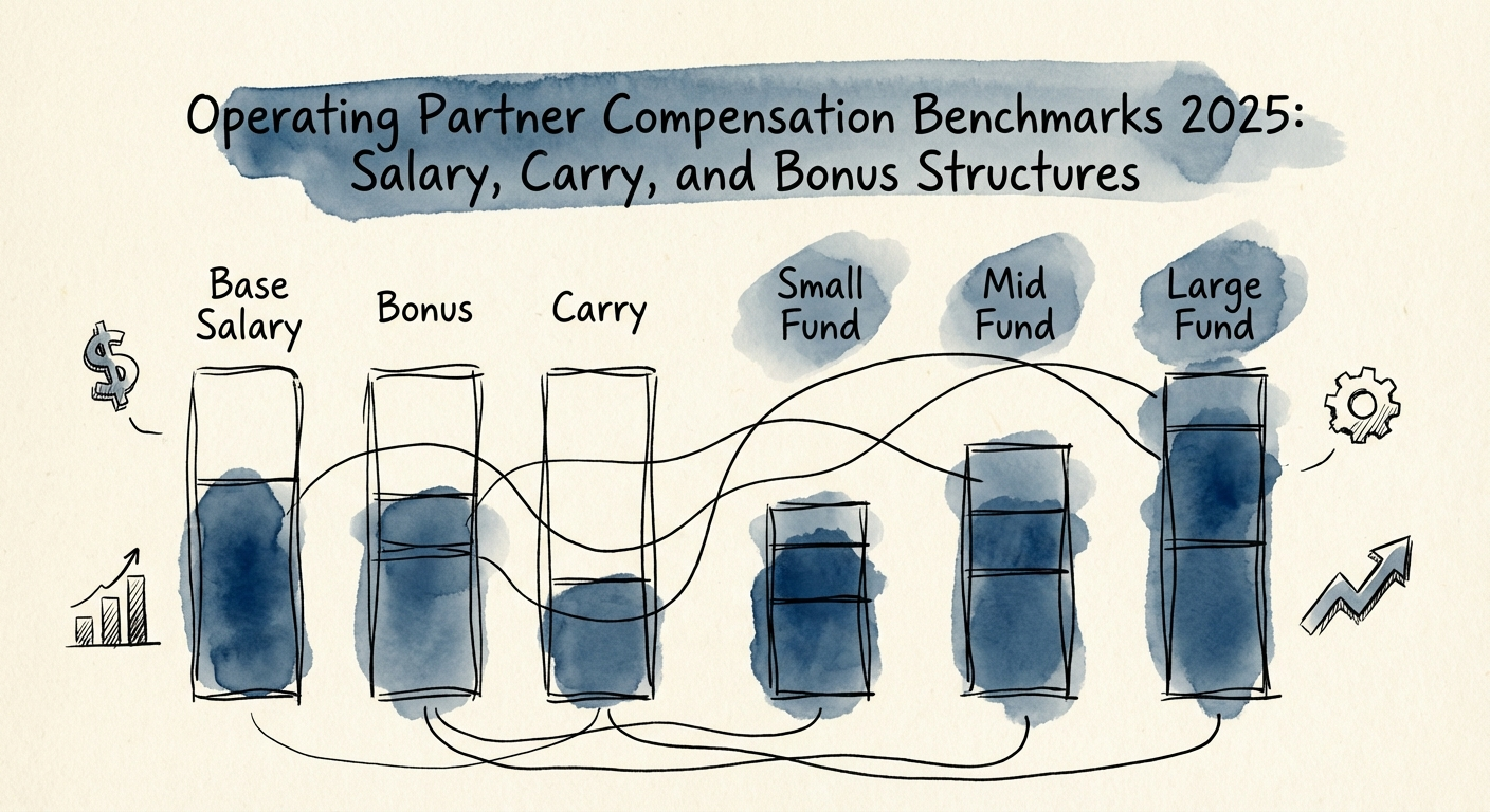 Private Equity Operating Partner compensation chart showing base salary, bonus, and carry across fund sizes.