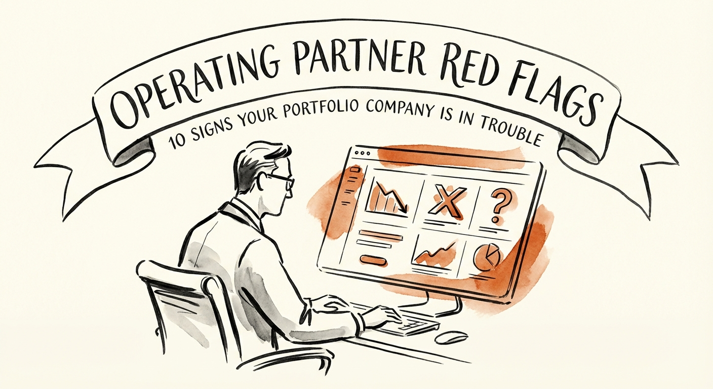 Private Equity Operating Partner analyzing portfolio company red flags on a digital dashboard.