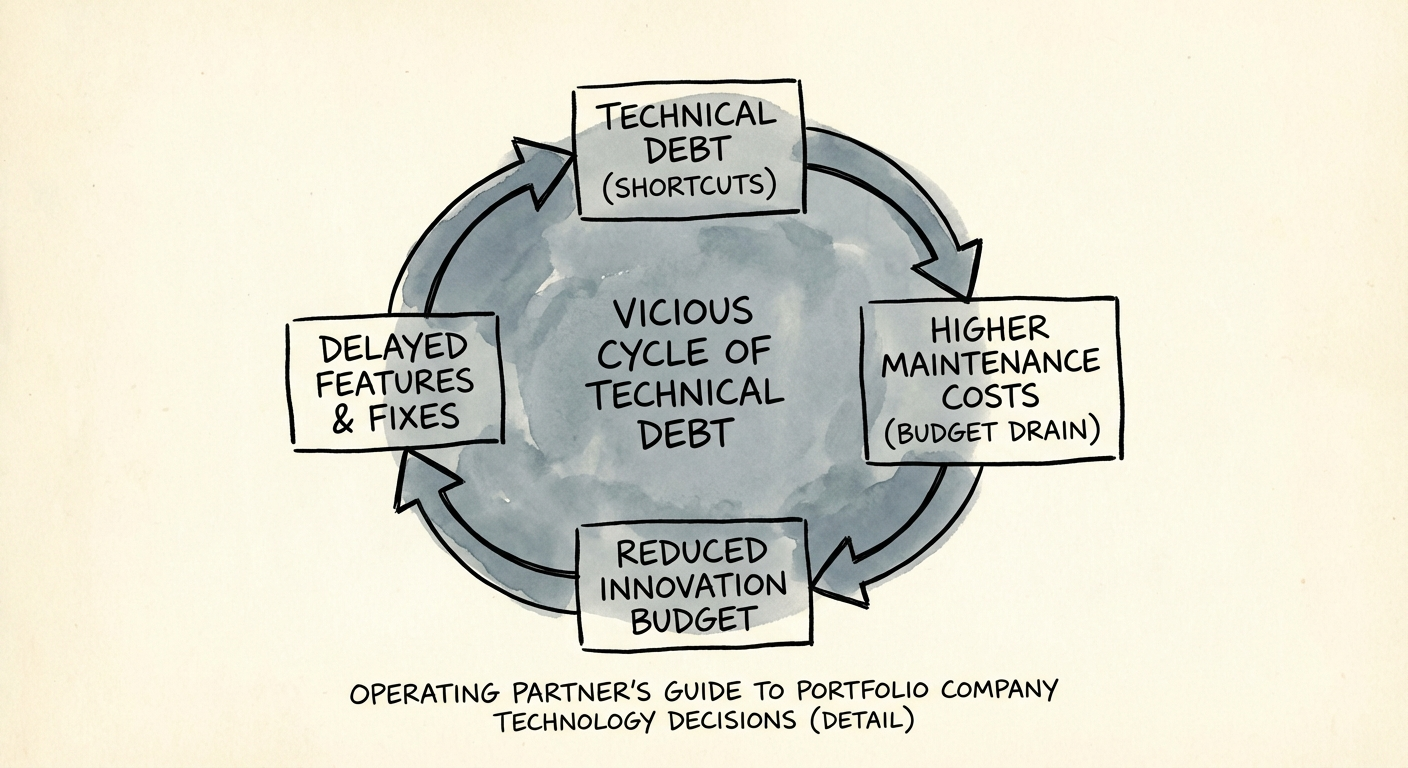 Chart showing the 'Vicious Cycle' of technical debt where maintenance costs consume innovation budget over time.