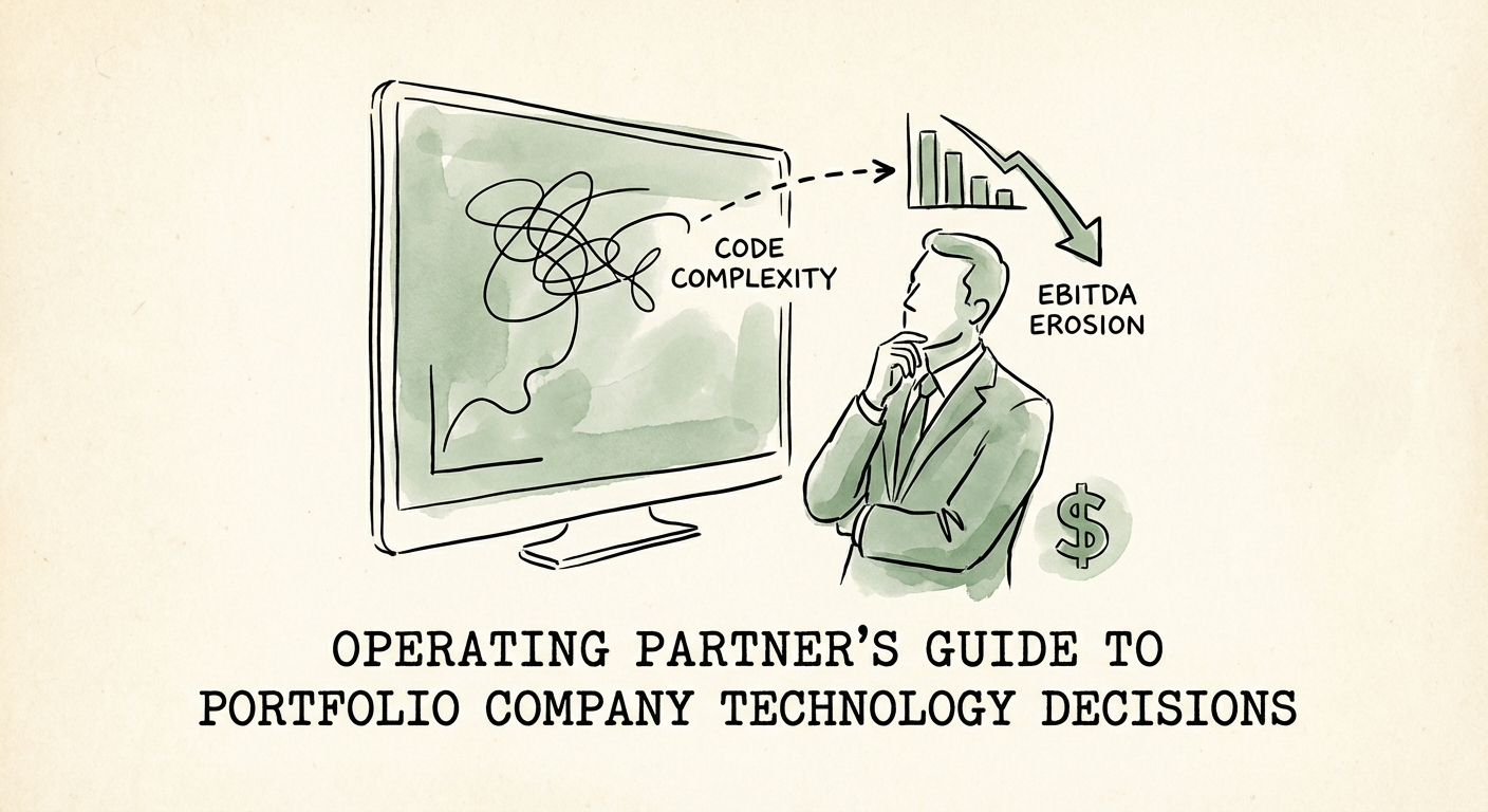 A private equity operating partner analyzing a technical debt dashboard showing the correlation between code complexity and EBITDA margin erosion.