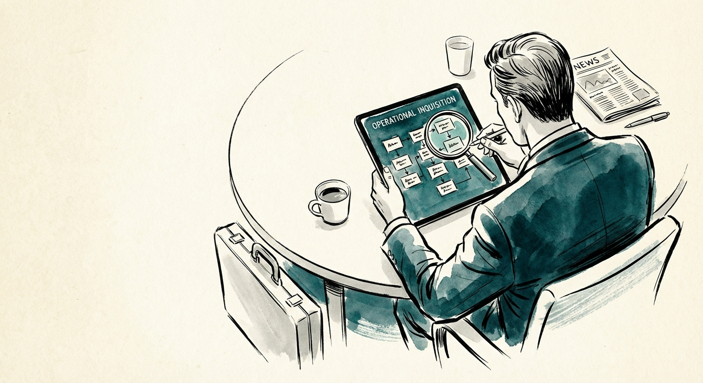 Private Equity Operating Partner reviewing operational due diligence checklist on tablet