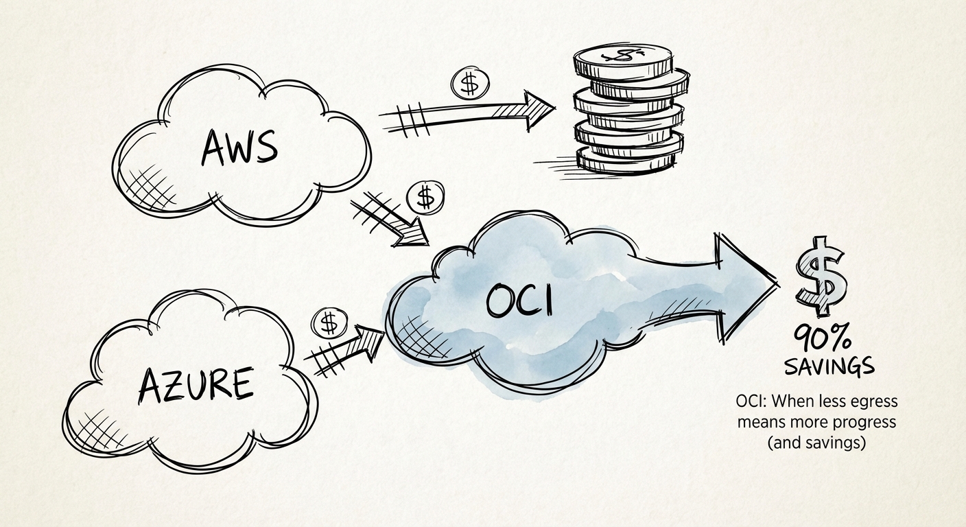 Comparison chart of data egress costs between OCI, AWS, and Azure highlighting the 90% savings.