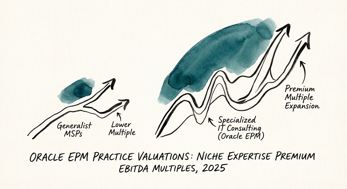 Chart showing EBITDA multiple expansion for specialized IT consulting firms versus generalist MSPs in 2025
