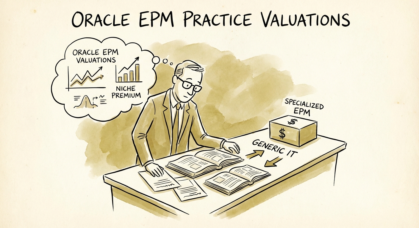 Justin Leader analyzing Oracle EPM practice valuation multiples against generic IT service benchmarks