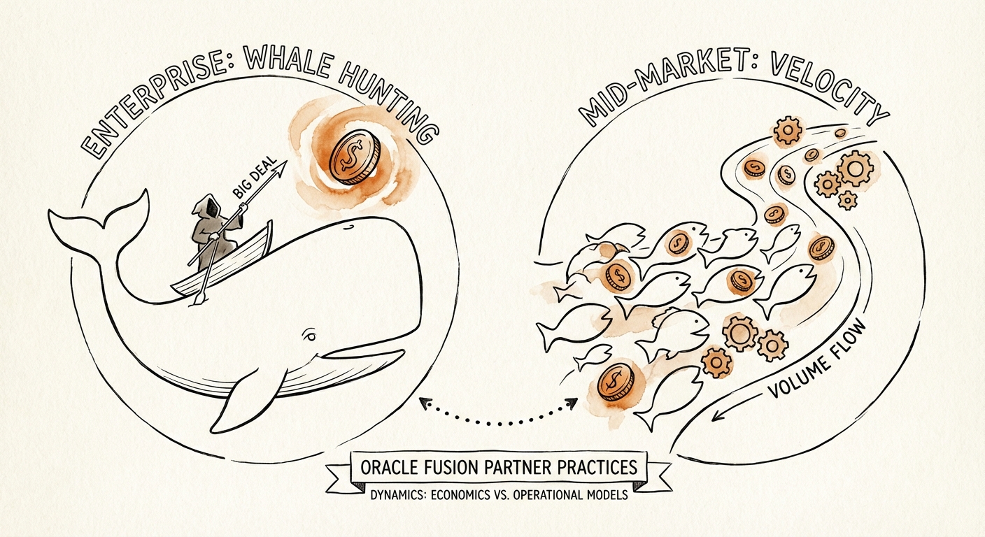 Diagram comparing 'Whale Hunting' economics vs. 'Mid-Market Velocity' operational models.