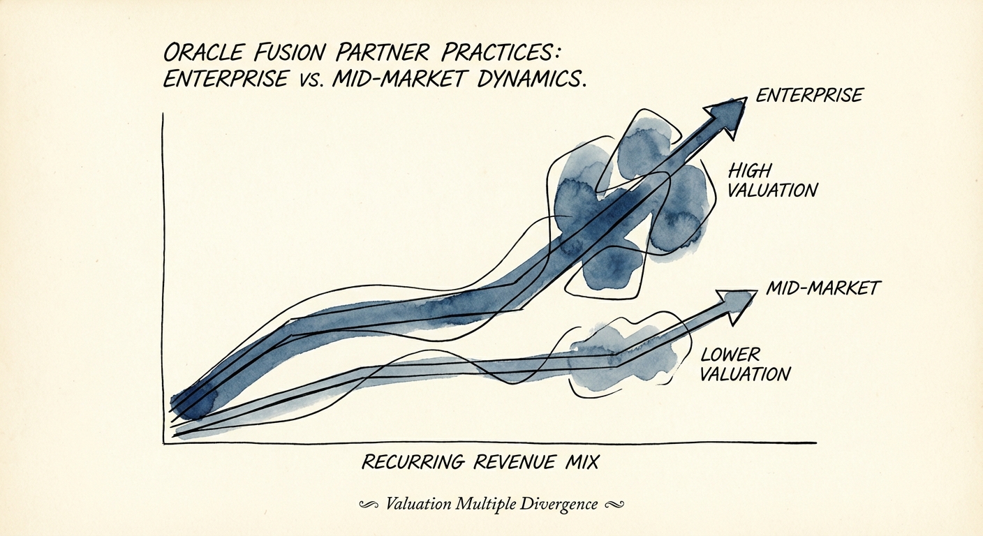Chart showing valuation multiple divergence between Enterprise and Mid-Market Oracle partners based on recurring revenue mix.