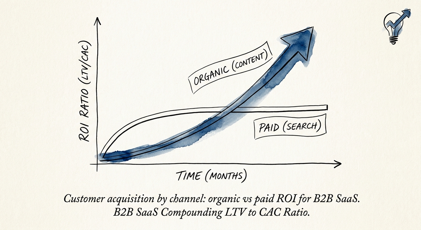 Graph demonstrating the compounding LTV to CAC ratio of organic content marketing versus paid search over a 24-month timeline.